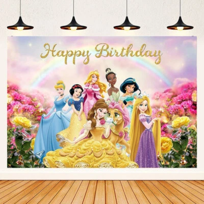 Telón de fondo de princesa Disney fiesta de cumpleaños niña foto fondo pancarta decoración Foto 1 de 4
