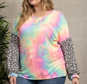 MULTI Tie Dye SIZE 1X Shirt Top WOMENS PLUS Long Sleeves PASTEL Blue Pink Green - Picture 1 of 6