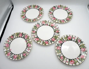 Aynsley A3186 Set of 5 7" Plates Pink Cabbage Rose Black Trellis Vintage - Picture 1 of 9
