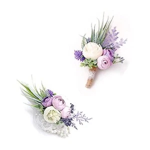Purple Corsage and Boutonniere Set Artificial Rose Flower Wrist Corsage and - Picture 1 of 5