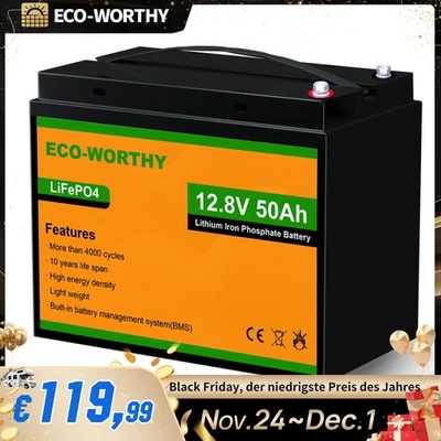 ECO-WORTHY Batería de litio 12V 50Ah LiFePO4 batería BMS autocaravana barcos fueraborda