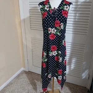 Nina Leonard XXL Floral Handkerchief-Hem sleeveless easy care tie-v neck dress - Picture 1 of 11
