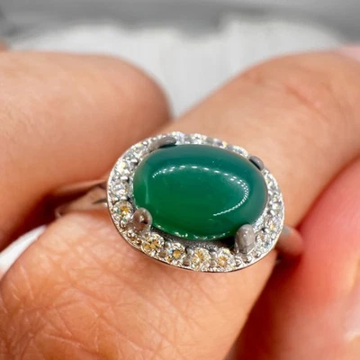 925 Sterling Silver Ring 7x5mm Natural Emerald Gemstone Zircon Bridal Jewelry - Image 1 of 4