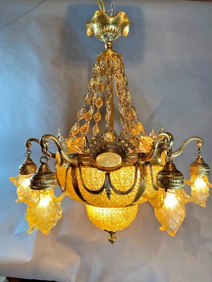 Araña Francesa Luis XVI Bronce 14 Amarillo Claro Cristal Iluminación Antigua Foto 1 de 4