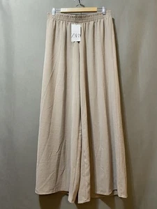 NWT ZARA Women Elastic Waistband Hi-Rise Rayon Palazzo Wide Leg Pants SZ XL Sand - Picture 1 of 14