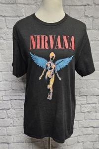 CAMISA CAMISETA NIRVANA M NEGRA CON LOGO DESGASTADO BANDA GRÁFICO ÁNGEL - Imagen 1 de 12