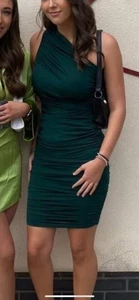 emerald forest green midi dress prettylittlething size 8 ruched one shoulder - Picture 1 of 8