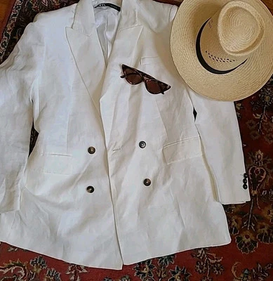 Blazer Traje Chaqueta Zara Mujer Lino M Crudo Blanco Ajustado 3633/509 $189 Foto 1 de 4