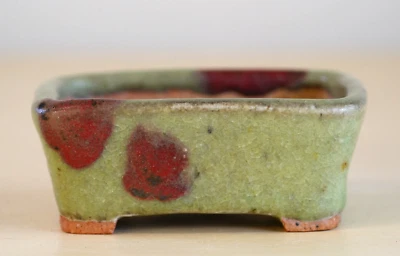 Japanese Bonsai Pot AKINAO 3"(7.5cm) Green/Red Glazed Rectangle Y771 - Image 1 of 4