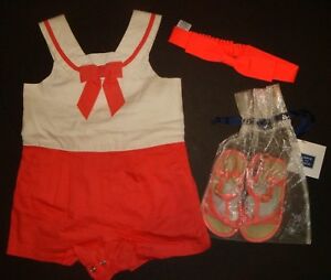 Janie & Jack 6-12 one-piece ROMPER+hair band+sandals 4 WHITE coral red NEON bow