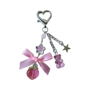 Peach Bear Star Bowknot Keyring Stylish Beaded Keychain for Women and Teens - Zdjęcie 1 z 8