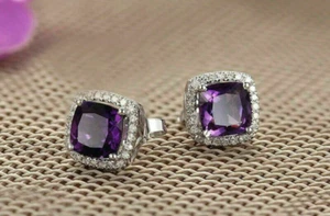 3Ct Cushion Cut Lab Created Amethyst Pretty Womens Earring 14K White Gold Plated - Picture 1 of 4