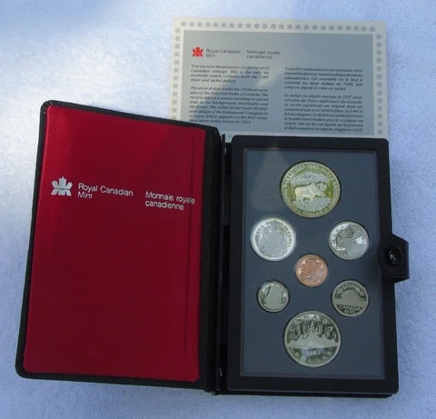 1985 Canada Coin Proof Set Royal Canadian Mint Leather Holder COA Moose Canoe Cover
