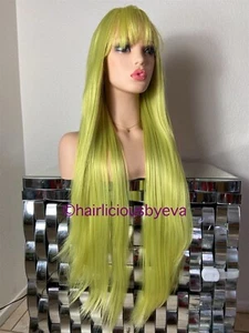 Straight Wig With Bangs Pastel Neon  Green 32 Inch Long Heat Ok - Picture 1 of 6