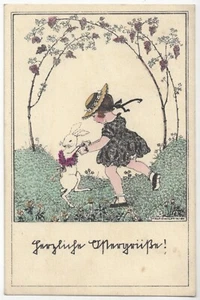1931 Artista Firmada Mela Koehler - Bonita chica con sombrero bailando con conejo, flores - Imagen 1 de 2