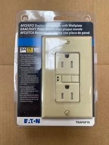 Eaton TRAFGF15 AFCI/GFCI Duplex Outlet with Wallplate Ivory Free Shipping - Picture 1 of 5