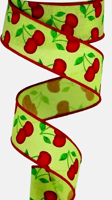 Red Cherries 1.5" by 2 yd Lime Wired Ribbon Fruit Spring Summer Country - Image 1 of 4