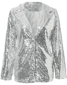Like an Angel Silver Shiny Fully Sequined Long Sleeves Single Snapped Jacket M - Picture 1 of 21
