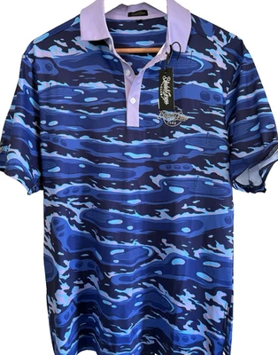 Polo de golf Blade & Grass Club azul para hombre M abstracto estampado océano campo de golf nuevo con etiquetas Foto 1 de 4