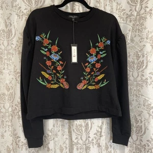 Romeo + Juliet Couture NWT Small Black Sweatshirt Floral Embroidery - Crop/Boxy - Picture 1 of 10