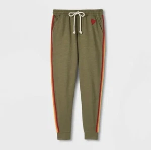 Olive green joggers drawstring elastic waistband rainbow on sides Size S (NEW) - Picture 1 of 5