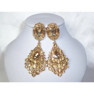 Golden champagne dangle drop earrings, wedding MOB statement prom party earrings - Picture 1 of 6