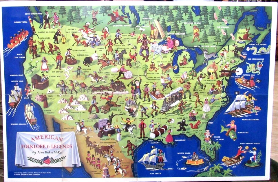 AMERICAN FOLKLORE & LEGENDS  LARGE MAP JOHN McKEE VERY GOOD COND. 1950 - Image 1 of 3