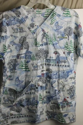 Handmade Winter Wonderland Nurse Scrub Top V Neck Pockets Short Sleeve Size Larg - Image 1 of 4