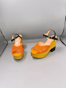 Robert Clergerie Wooden Clog Heels UK 7 EU 40 Orange Crochet Platform Sandals - Picture 1 of 9