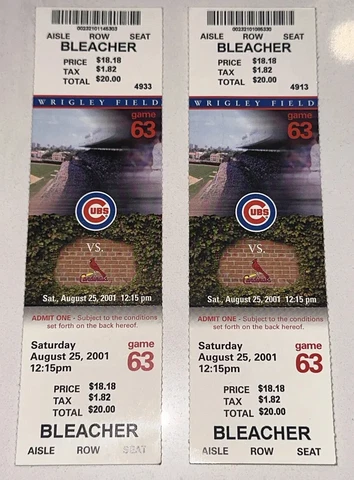 8/25/01 White Sox MLB Chicago Cubs Wrigley  Full Ticket Stub Pujols ROOKIE RC Cover