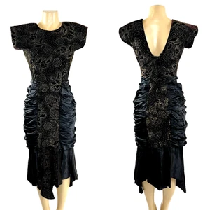 1980s Cocktail Dress Vintage Size 5/6 Black Satin Velvet Gold Sparkle Glam Prom - Picture 1 of 12