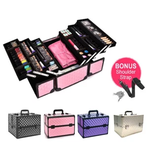 Portable Cosmetic Beauty Makeup Case Carry Bag Organiser Box Diamond w/ Strap - Picture 1 of 19