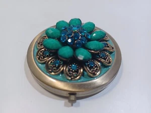 Ying Han Round Compact Mirror Brass Tone Metal Multicolor Jeweled Cobalt Blue - Picture 1 of 10
