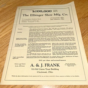 1919 ELBINGER SHOE MFG. CO  Stock Offering Prospectus LEBANON / CINCINNATI Ohio - Picture 1 of 5