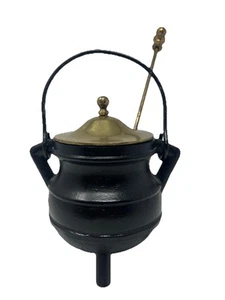 Vintage Gusseisen Feuerstarter Schmiertopf Kessel mit Messingdeckel & Stab - Bild 1 von 8