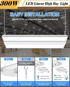 300W LED Linear High Bay Light Commercial Warehouse Dimmable Shop Fixture 5000K - Picture 1 of 10