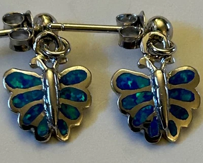 OPAL Inlay Butterfly Stud Post Earrings 925 STERLING SILVER 3/4” Dainty - Image 1 of 4