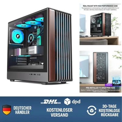 PC-Gehäuse Mid-Tower Gaming Holz-Design ARGB-Lüfter ATX Type-C schwarz - Bild 1 von 4
