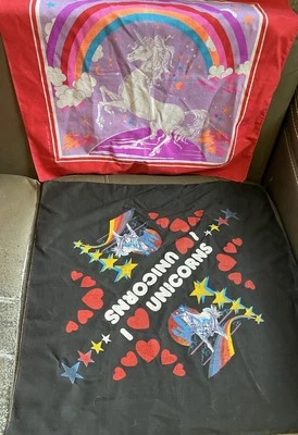 2 Vintage Unicorn Rainbow Stars Hearts Handkerchief Bandana Rainbow Pink Scarfs - Image 1 of 4