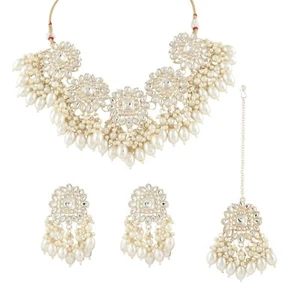 Indian Bollywood Style Choker Silver  Pearl Necklace Earrings Tika Jewelry Set - Picture 1 of 7
