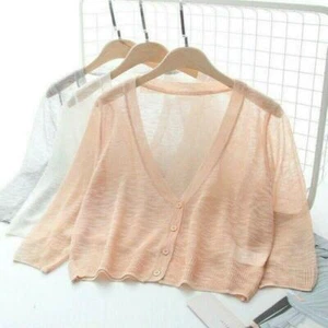 Women Knit Cardigan Sweater Shrug Crop Top Coat 3/4 Sleeve Button Down Sheer New - Picture 1 of 12