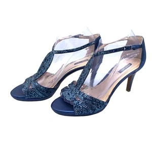 Alex Marie T-Strap Beaded Peep-Toe Dressy Heels Black Tie Fabric 7.5 Navy Blue - Picture 1 of 14