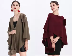 Maglione Donna Lavorato a Maglia Grande Croce Frontale Poncho Avvolgente Cardigan Cappello - Foto 1 di 10