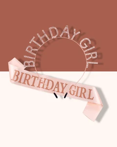 Rose Gold Birthday Tiara Crown with Sash Rhinestone Princess Headband - Picture 1 of 7