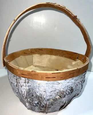 White Natural Birch Bark Basket Rustic Folk Art Handmade Movable Handle 10x5" - Image 1 of 4