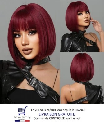 Perruque Carré Femme Rouge Coupe Courte Cheveux Lisse Synthétique Wig Frange
