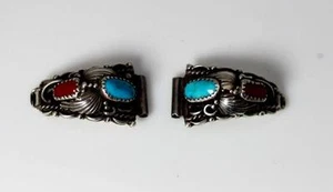 Puntas de reloj para damas nativas americanas de plata esterlina turquesa y coral – 11017 - Imagen 1 de 3