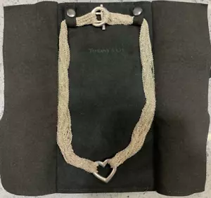Tiffany Co Sterling Silver Mesh Multi Strand Open Heart Ladies Choker Necklace - Picture 1 of 8