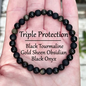 Gold Obsidian Black Tourmaline Onyx Beads Healing Chakra Stretch Triple Bracelet - Picture 1 of 4