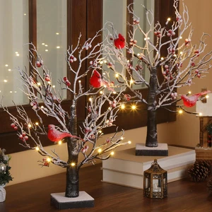 2 Pezzi Albero Vintage Incandescente con Cardinali Illuminato Neve Natale Mini Albero 24 LED - Foto 1 di 6